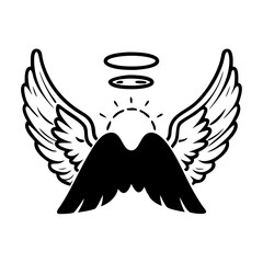 Stylized Angel Wings with Halo and Radiating Light in Bold Black and White silhouette icon