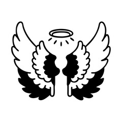 Whimsical angel wings with halo, vector vector and classic tattoo design silhouette icon