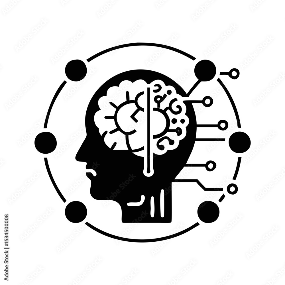 Aufkleber artificial intelligence and brain integration with global connection concept art silhouette icon