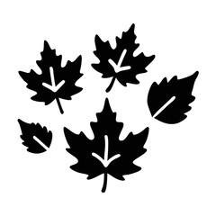 Five stylized black maple leaves in various sizes and orientations on white silhouette icon