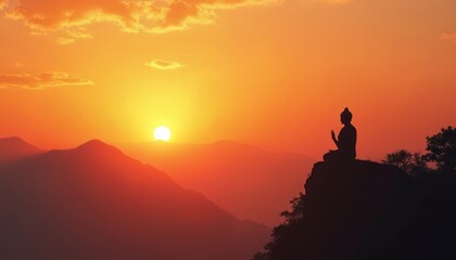 Silhouette of meditating Buddha against sunset. Scenic view of golden hour sky, mountains, nature. Religion, spirituality, enlightenment, freedom concept. Ancient culture travel, tourism in India,
