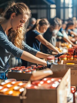 Group of volunteers sorts food donations in community charity center. Many people work together. Pack jars, cans in boxes. Indoor setting. Volunteers preparing food for in need. Charity work. People
