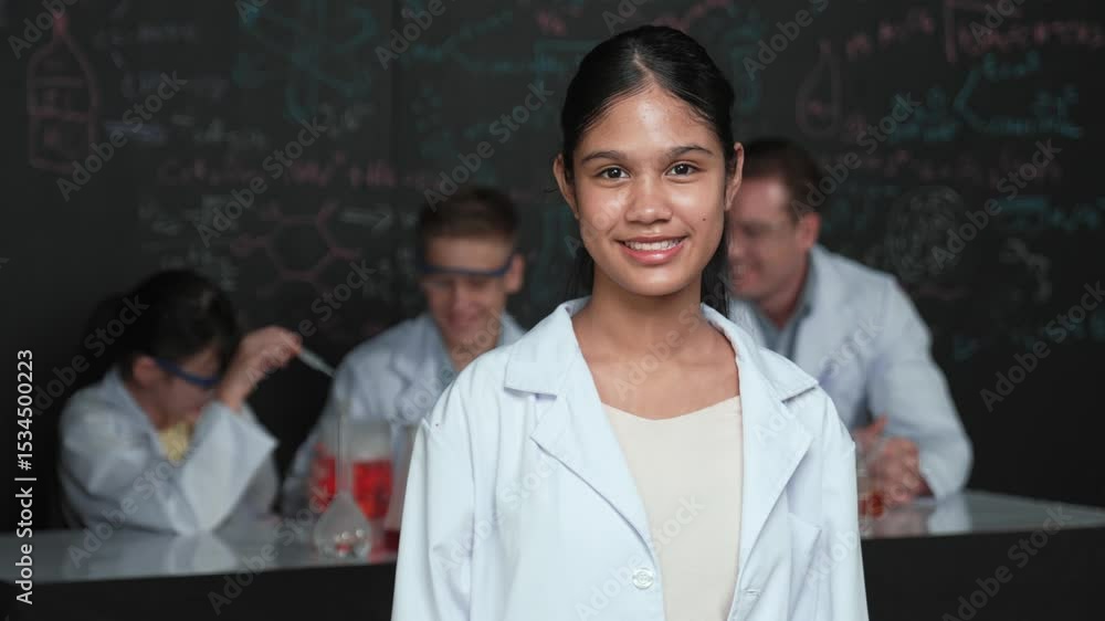 Poster high school girl looking at camera while people doing experiment at laboratory. young cute student s