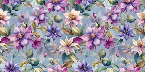 A vibrant floral pattern featuring pink, purple, and white flowers on a soft blue background.
