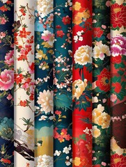 A set of 8 colorful patterns with Japanese textured fabric designs such as floral, stripes and vintage. Perfect for use on wallpaper, textiles and fashion.