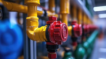 A close up view of yellow and red pipes with valves in an industrial setting with blue and green tanks