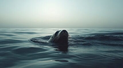 Fototapeta premium Sea lion's head emerges from calm ocean water at sunrise/sunset.