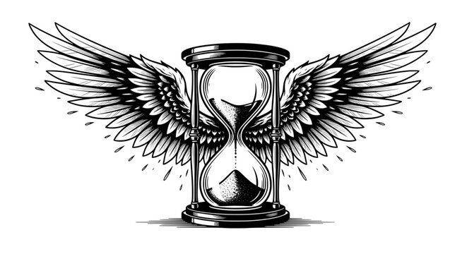 Winged Hourglass Tattoo Design - Time Flies Concept Black and White Art
