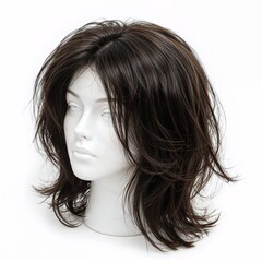 Fototapeta premium Brunette dark hair wig over white background, mockup template, no shadow