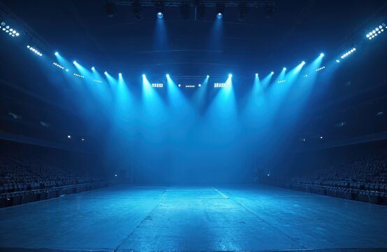 Empty stage with blue spotlights. Event entertainment concept. Blank stage in modern theater or concert hall with blue lights. Event celebration concept background. Night show.
