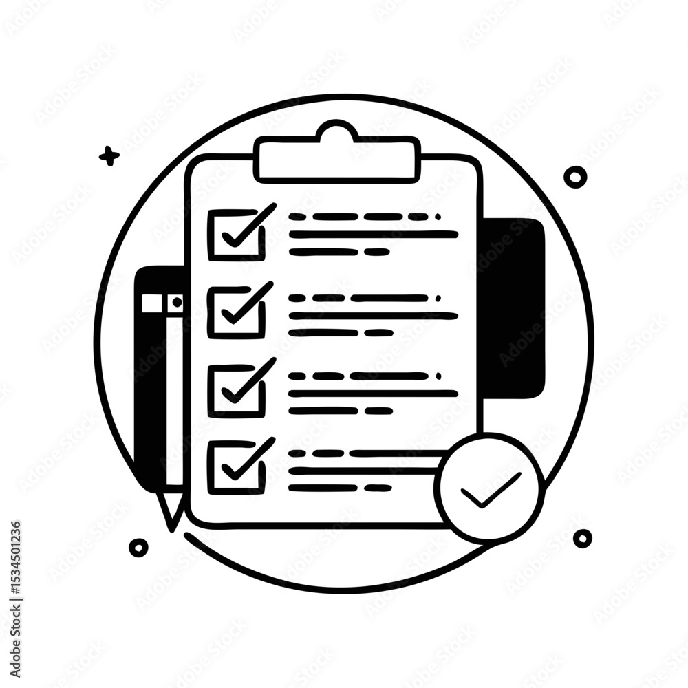Poster completed checklist with a pencil signifying tasks completed successfully and efficiently silhouette