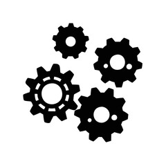 Four interlocking black gears on a white background representing teamwork and progress silhouette icon
