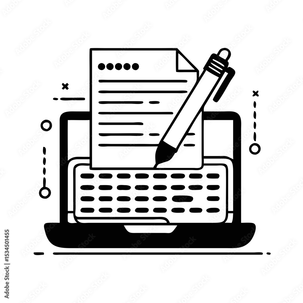 Poster digital documentation process a laptop with document and pen vector silhouette icon