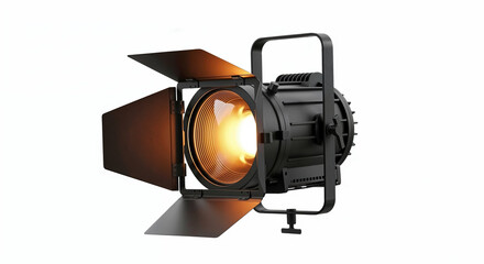Professional fresnel spotlight emitting warm light on white background