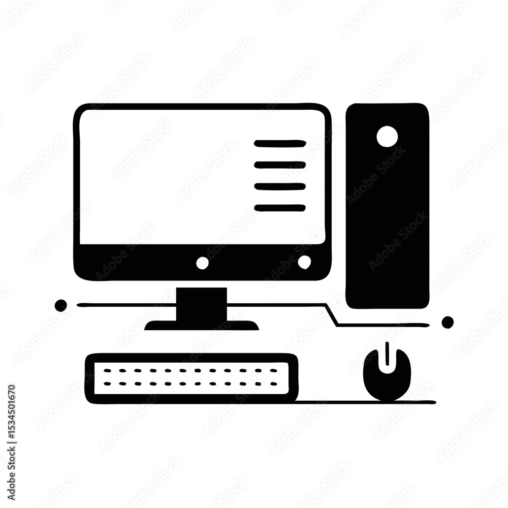 Fototapete Simple black and white vector of a desktop computer setup with mouse silhouette icon