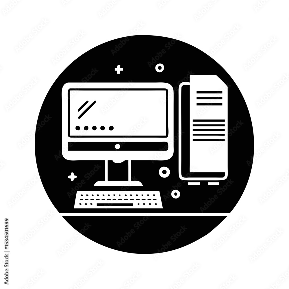 Poster a simple graphic of a computer with a monitor and keyboard silhouette icon