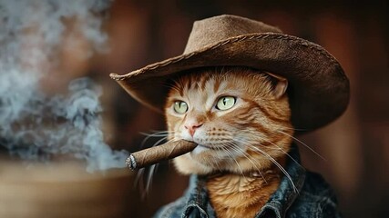 A ginger cat wearing a cowboy hat, smoking a cigar, with smoke billowing around it