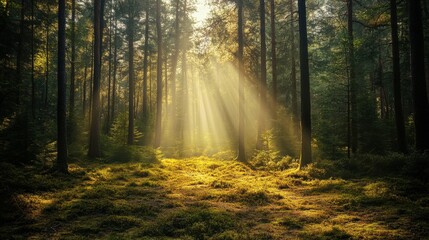 Fototapeta premium A photostock images of a forest with sunlight streaming through the trees