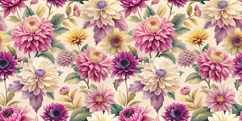 Vibrant floral pattern featuring mixed colorful flowers in shades of purple and cream.