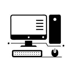 Simple black and white vector of a desktop computer setup with mouse silhouette icon