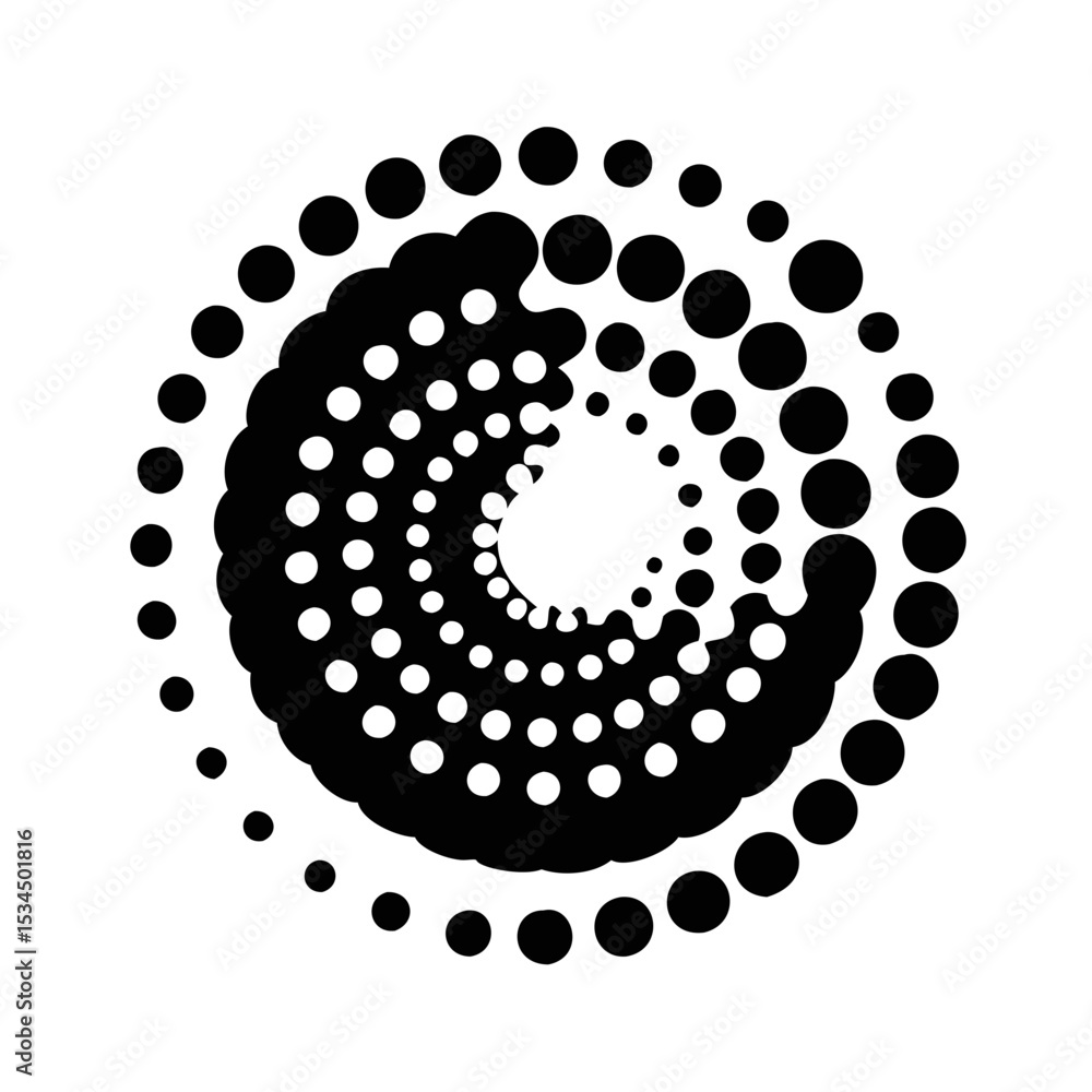 Poster circular gradient halftone pattern with decreasing black dots on white background silhouette icon
