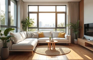 Modern living room with white sofa. Scandinavian interior design with cozy light. Wooden floor with round rug, green plants and large windows. Contemporary apartment interior.