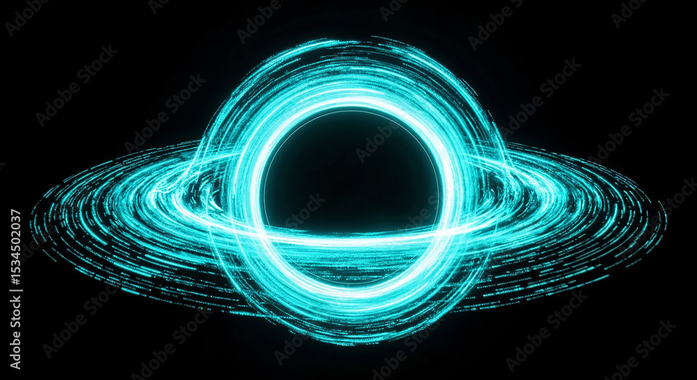 Poster glowing turquoise trails rotating around black hole creating stunning visual effect