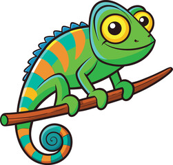 Fototapeta premium Cartoon Chameleon on Branch Green Orange Teal Yellow