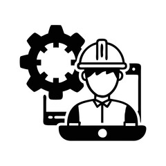 Professional Engineer working on a Laptop with Gears and Hard Hat silhouette icon