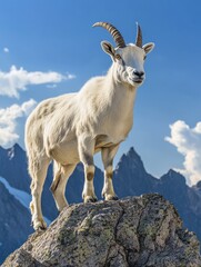 Obraz premium Mountain goat standing proudly on rocky outcrop alpine landscape wildlife photography clear skies nature's majesty
