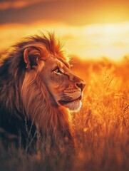 Naklejka premium Lion gazing into the distance in a sunlit field at sunset. Majestic wildlife portrait with warm colors and serene light. African savannah and noble animal concept for design and print
