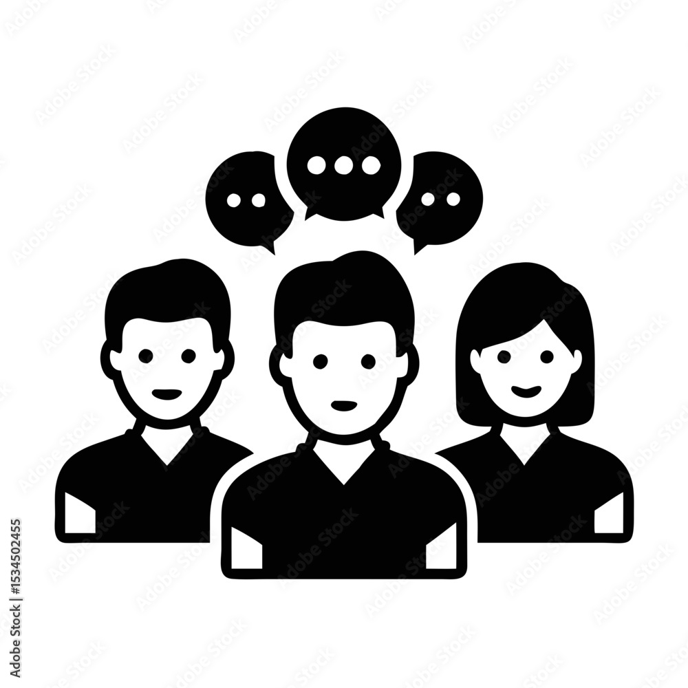 Poster group communication icon representing team discussion and idea generation with speech bubbles silhou