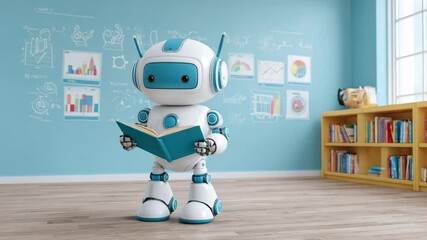Cute educational robot reading book in classroom with blue walls and learning charts on background - Powered by Adobe