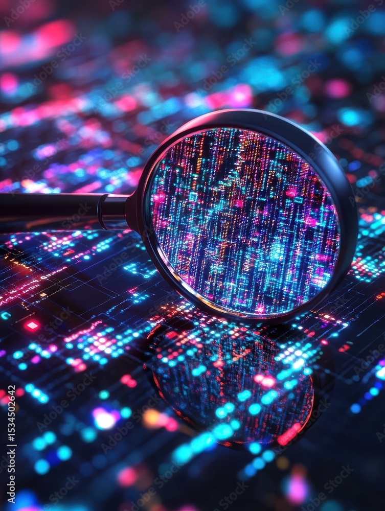 Poster magnifying glass exploring abstract digital data stream: cybersecurity and software development conc