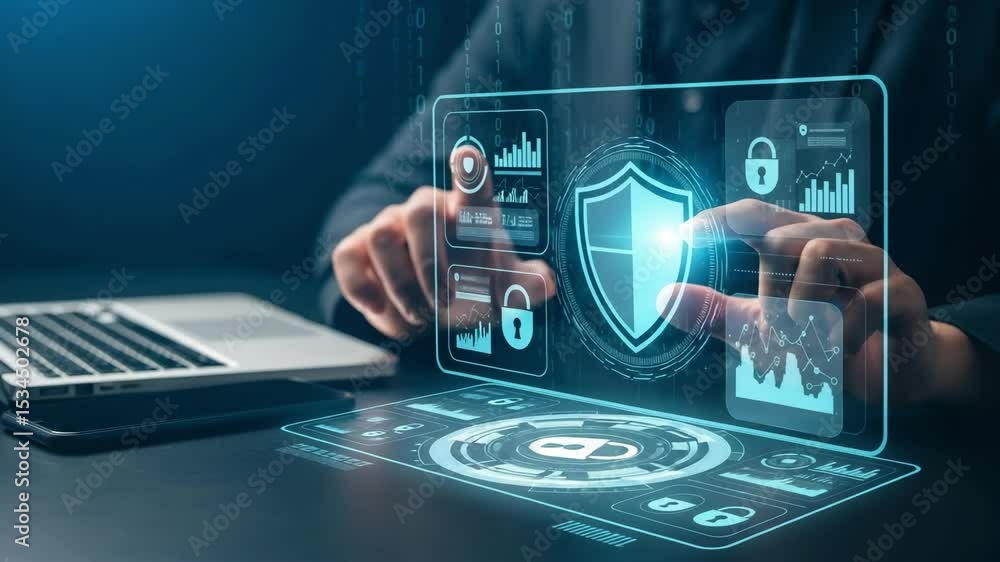 Poster person interacting with a futuristic security interface on a transparent display screen near laptop