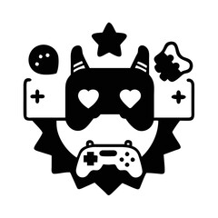 Retro gaming emblem featuring game controllers, hearts, and a star icon silhouette icon