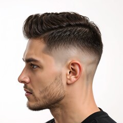 Obraz premium Male with modern haircut portrait side view over white background, no shadow