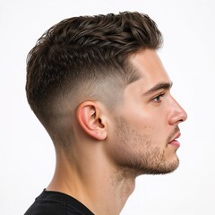 Obraz premium Male with modern haircut portrait side view over white background, no shadow