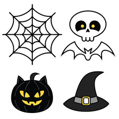Set of cute halloween icons featuring spider web skull pumpkin and witch hat designs
