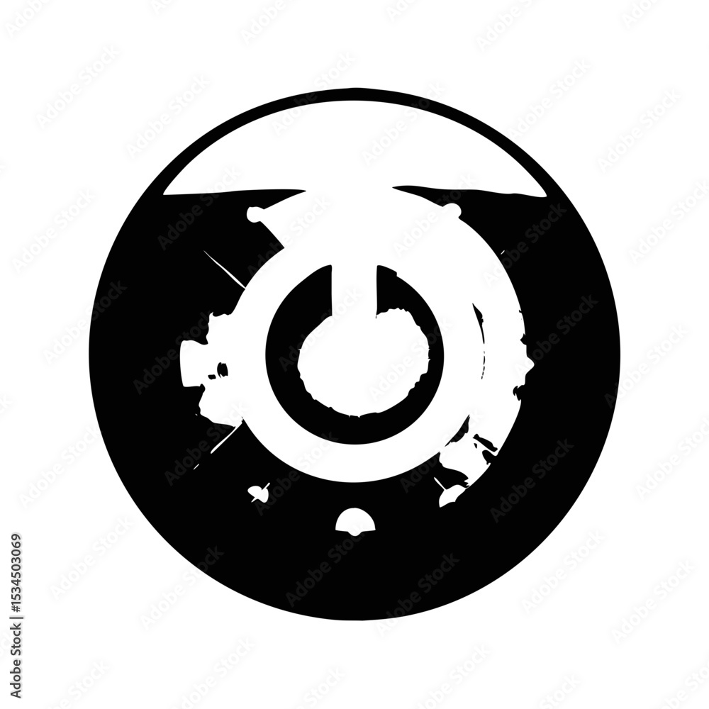 Poster abstract circular design with splatters and power button in black and white silhouette icon