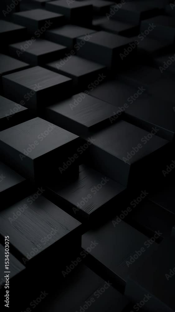 Poster abstract video concept with dark 3d blocks. minimalist style, captured from a high angle, creating a