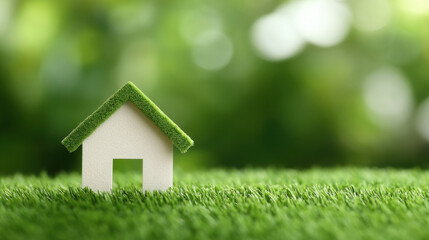 Creative eco house model on vibrant green background showcasing sustainable living principles in an artistic composition. concept of an ecological house, made of eco-materials, buying a house 