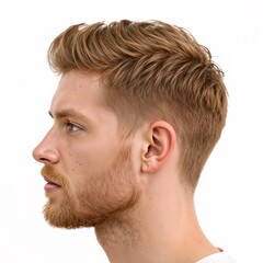 Obraz premium Male with modern haircut portrait side view over white background, no shadow