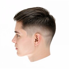 Obraz premium Male with modern haircut portrait side view over white background, no shadow