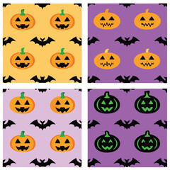 Set of four colorful halloween seamless patterns with pumpkins and bats for festive designs