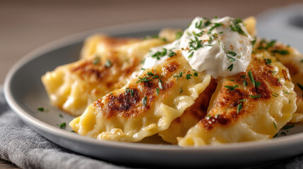 Polish pierogi served with sour cream and fresh herbs on rustic grey plate in a bright kitchen setting