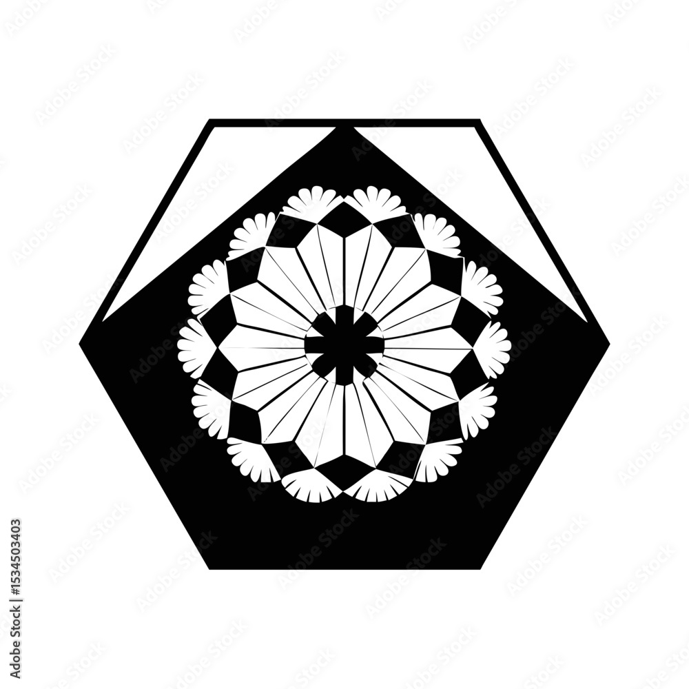 Poster abstract geometric mandala with floral elements within a hexagonal frame design silhouette icon