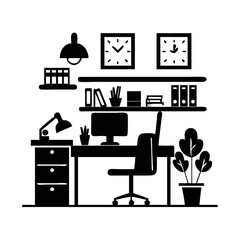 Black and white drawing of a home office workspace setup vector silhouette icon