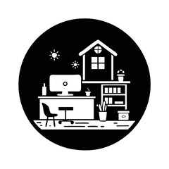 Naklejka premium Stylish minimalist black and white home office with computer and shelving unit silhouette icon