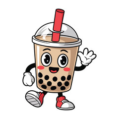 A happy bubble tea cup character with arms and legs, wearing red sneakers and white gloves. The cup is filled with light brown milk tea and black tapioca pearls